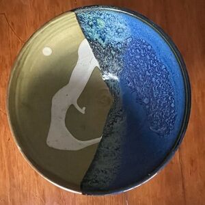 Vintage XL Mid-Century Bowl Blue Tan White Signed